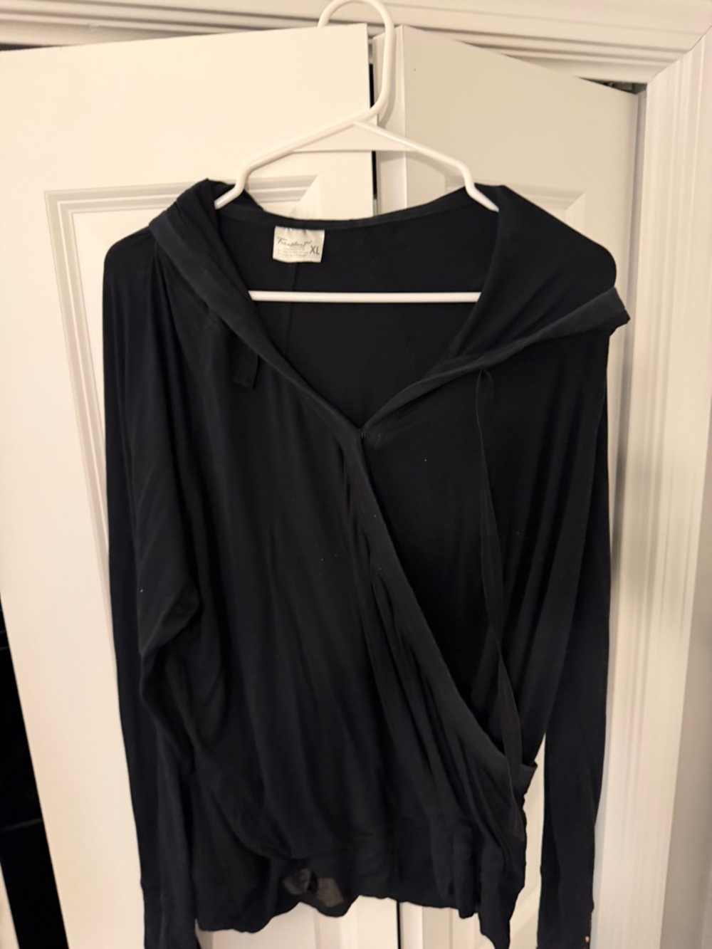 Women’s Black Hooded Wrap Top with Draped Front